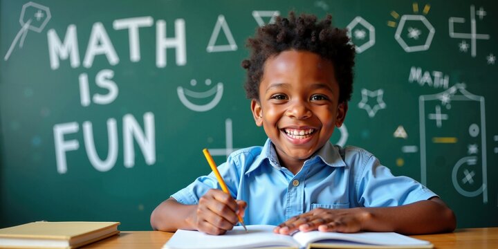 Excited African American Schoolboy Learning Math in Classroom with 'Math is Fun' Chalkboard
