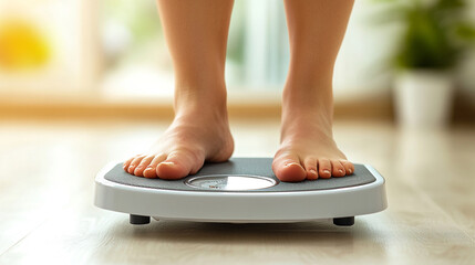 Close up of woman leg standing on scale measuring control weight in room, overweight and diet, health and weight loss, fat study by weighing, indoor, healthy concepts.
