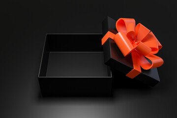 open black gift bok with orange ribbon on black background, Perfect for celebrating holidays, birthdays, halloween and special occasions, 3d render