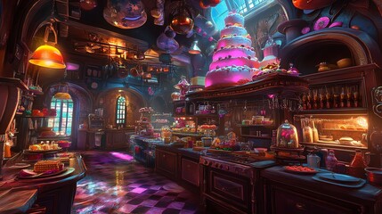Worms-eye view of a vibrant fantasy kitchen