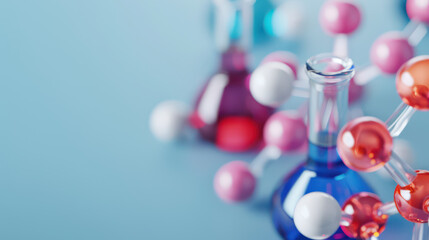 Laboratory glassware with colorful molecular models creates vibrant scene