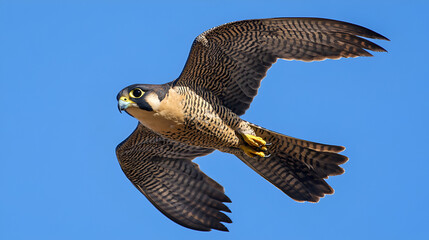 A swift peregrine falcon diving through the clear sky