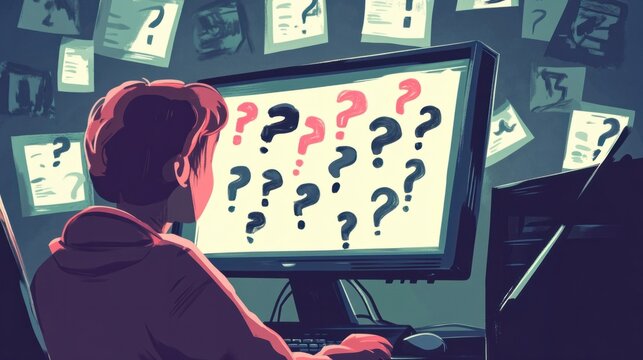 A person at a computer, staring at a screen filled with question marks, representing confusion or technical issues