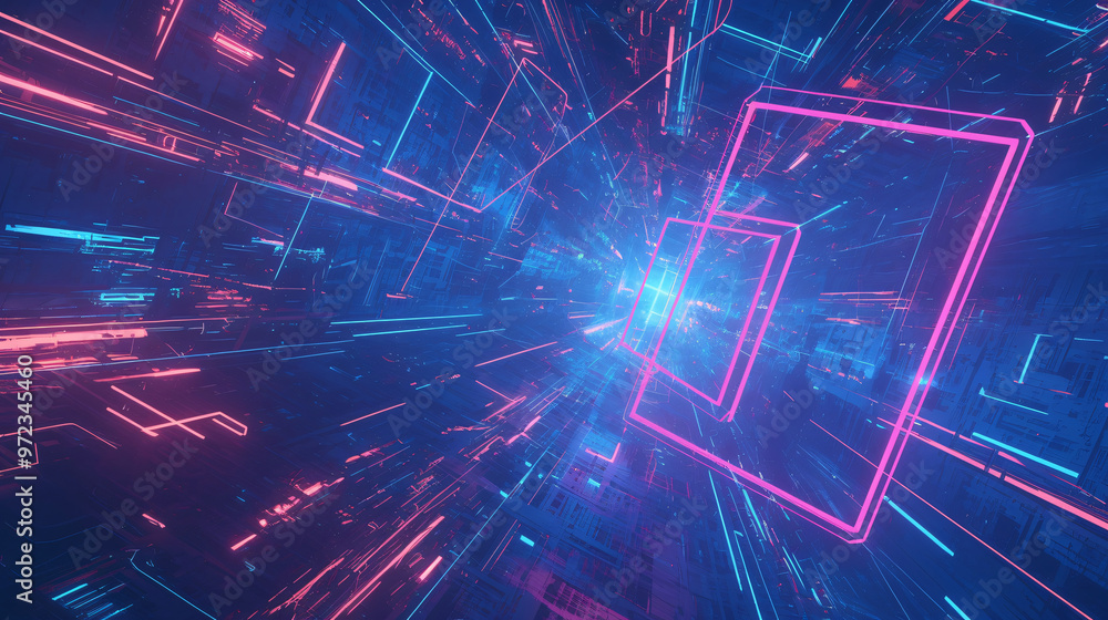 Fototapete a futuristic digital landscape featuring glowing neon lines and geometric shapes, creating a sense o