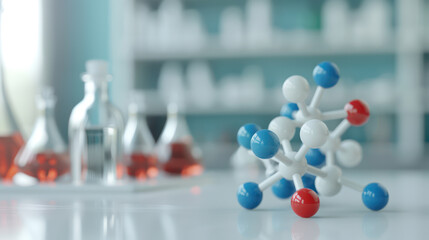 Molecular model with colorful atoms in laboratory setting, showcasing science