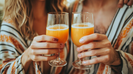 Couple celebrating a special moment with bright orange cocktails while dressed in matching robes at home in the morning light