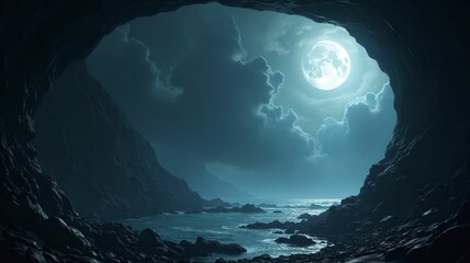 Fototapeta premium Dark fantasy landscape, cave, moon