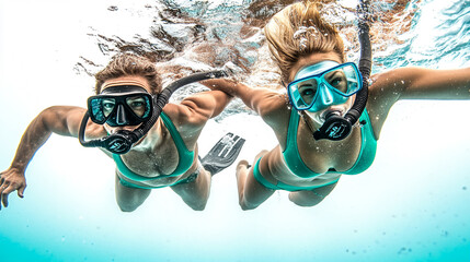 Two divers exploring underwater world in turquoise waters during bright day in tropical location