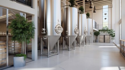 A modern brewery with transparent fermentation tanks and holographic tasting rooms, crafting unique flavors