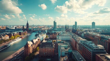 Obraz premium An expansive aerial view of Hamburg, showing the skyline with its blend of modern