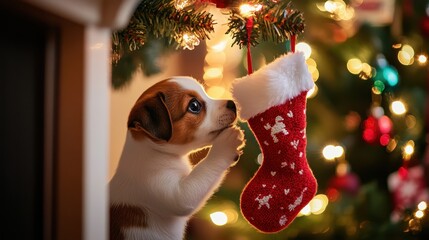 A curious puppy inspects a Christmas stocking hanging from the mantel, with a beautiful tree sparkling in the background