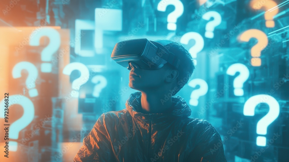 Poster a person wearing virtual reality goggles, standing in a futuristic environment with floating questio