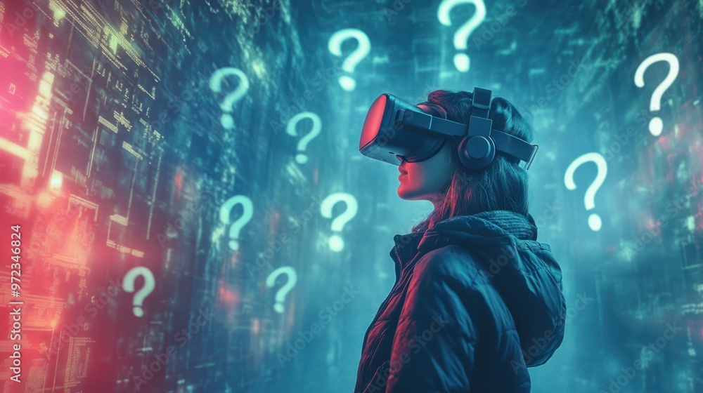 Poster a person wearing virtual reality goggles, standing in a futuristic environment with floating questio