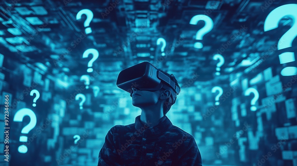 Poster a person wearing virtual reality goggles, standing in a futuristic environment with floating questio