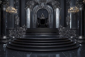 Darkly opulent throne room with black marble steps and fine silver embellishments.