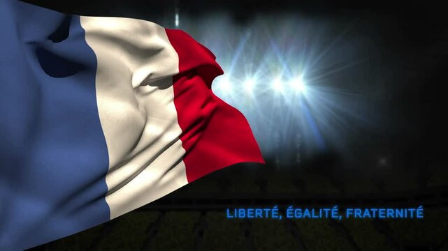 Animation of liberte, egalite, fraternite text and french flag and fireworks