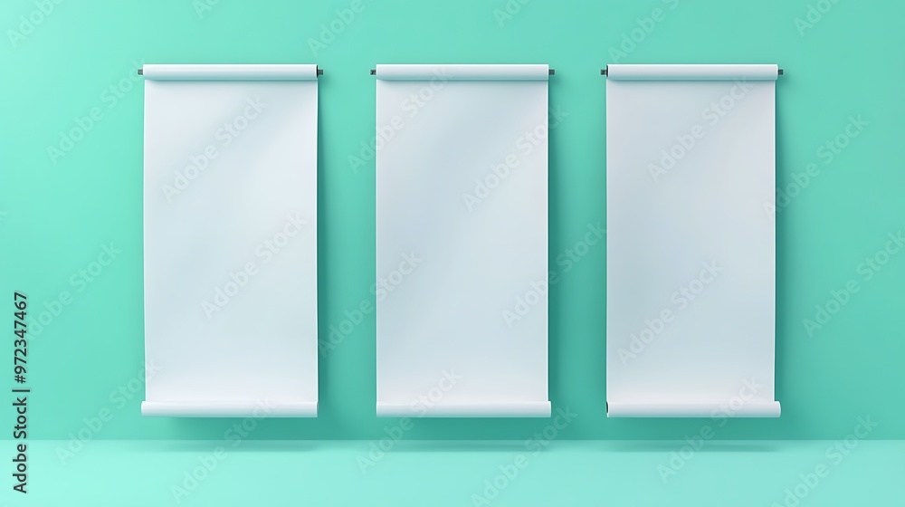 Sticker Blank White Roll Up Banners on Turquoise Wall Mockup