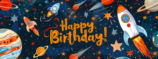 Colorful space-themed birthday greeting with rockets, planets, and stars, perfect for a child's celebration.