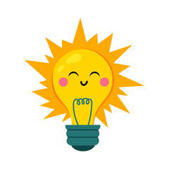Light Bulb. Cute Cartoon Light Bulb Character in Flat Style. Technology, Electricity, Light. Kids Funny Cartoon Electric Lamp.