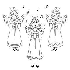Christmas Angel. Set of Linear Illustrations of Angels. Angel Sings a Christmas Song. Black and White Outline Illustration. Christmas Doodles.