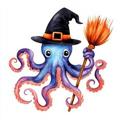 A whimsical illustration of a cute octopus wearing a witch hat and holding a broom, perfect for Halloween-themed designs.