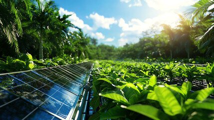 A vibrant landscape showcasing solar panels surrounded by lush greenery, symbolizing renewable energy and sustainable living.