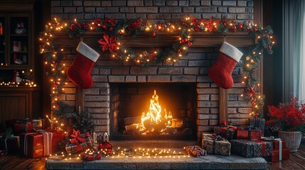 Obraz premium Decorating a mantle with garlands, stockings, and Christmas lights, with a cozy fireplace below. 4K hyperrealistic photo.