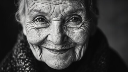 Close-up portrait of an elderly woman smiling.
