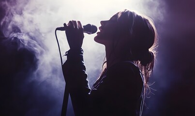 Female singer performing on stage with microphone under dramatic lighting, Generative AI