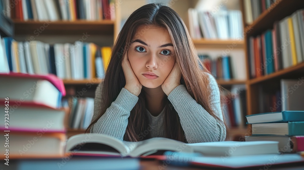 Poster a student with a puzzled expression, sitting at a desk surrounded by textbooks and notebooks, facing