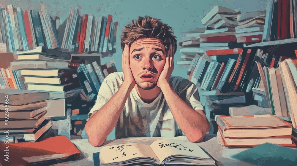 Poster a student with a puzzled expression, sitting at a desk surrounded by textbooks and notebooks, facing