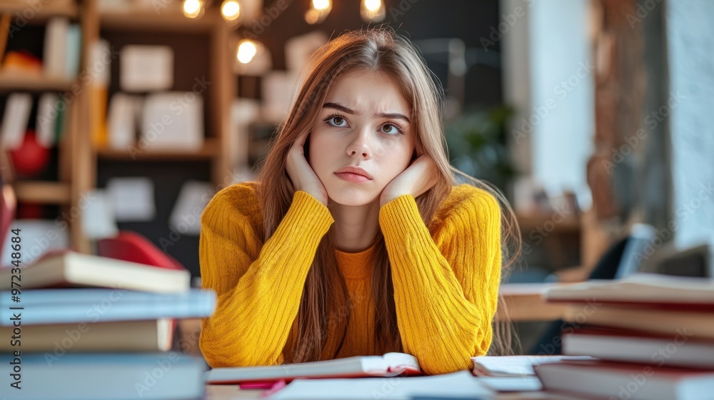 Poster a student with a puzzled expression, sitting at a desk surrounded by textbooks and notebooks, facing