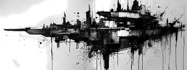 A stunning abstract illustration of a futuristic spaceship design in black and white, showcasing intricate details and a dynamic artistic flair.