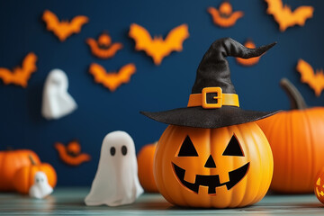 Happy Halloween Background with Pumpkin Jack-O'-Lantern, Witch Hat, Ghosts, and Spooky Decorations