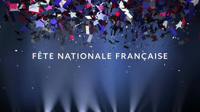 Animation of fete nationale francaise text with stars and confetti on blue background