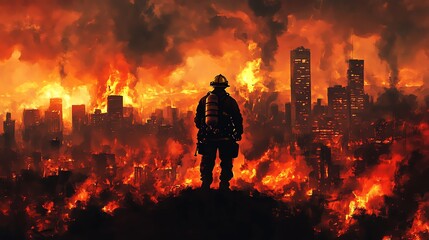 Fototapeta premium A heroic firefighter silhouetted against a smoldering city skyline