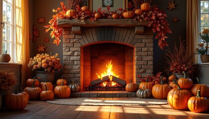 Obraz premium Thanksgiving fireplace scene with cozy warm tones and harvest decorations capturing the essence of a rustic autumnal celebration indoors.