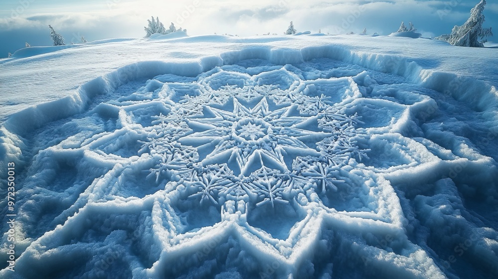 Poster snowflakes arranged in a perfect spiral on a snowy field, each flake contributing to a larger geomet