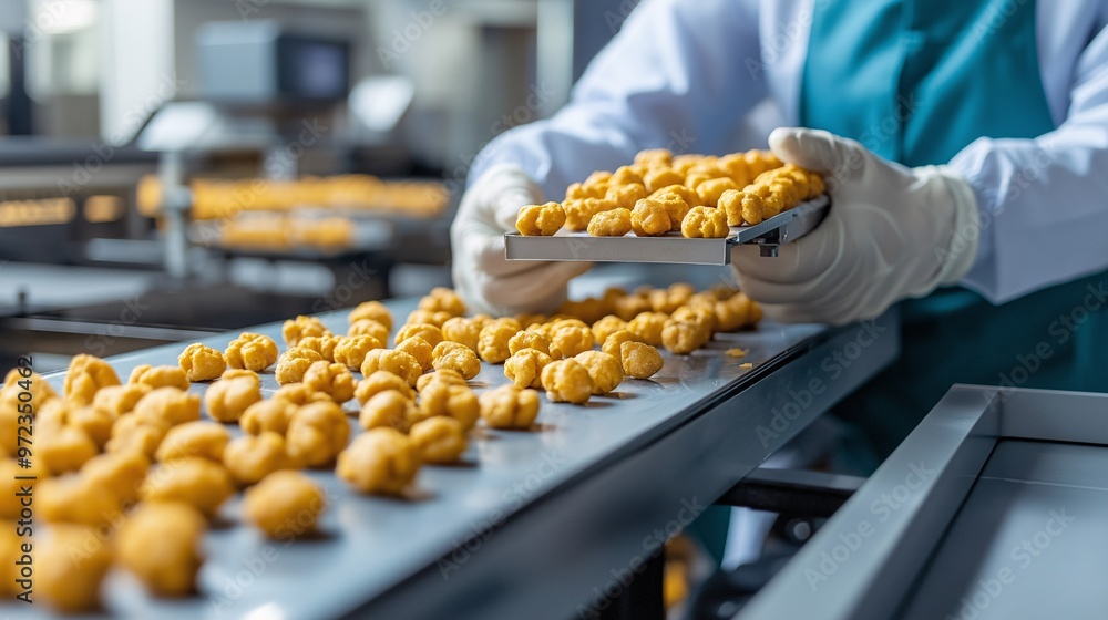 Poster a high-tech production line in a factory handling the packaging of savory snacks with precision