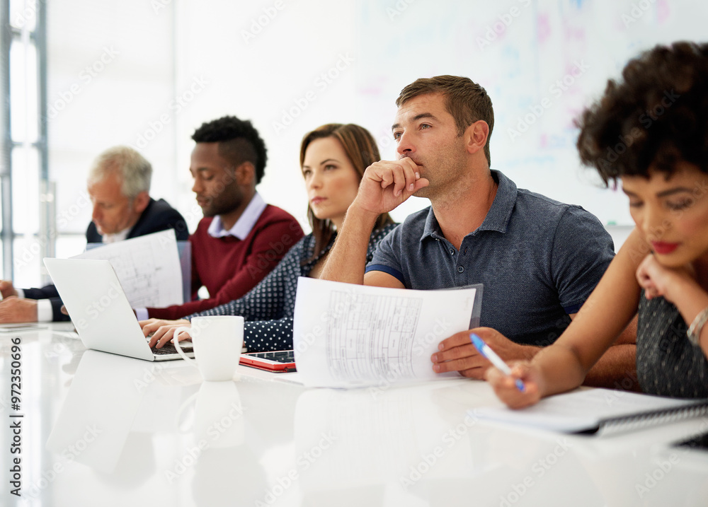 Poster Meeting, workshop and management with presentation, paperwork or corporate seminar. Desk, work people and listening with diversity, document and lawyer brief at law firm in office in conference room