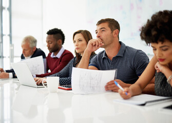 Obraz premium Meeting, workshop and management with presentation, paperwork or corporate seminar. Desk, work people and listening with diversity, document and lawyer brief at law firm in office in conference room