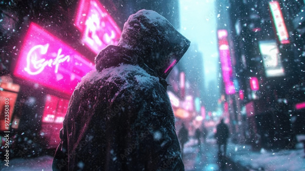 Wall mural a hooded figure walks through a snowy city street at night, illuminated by neon signs.