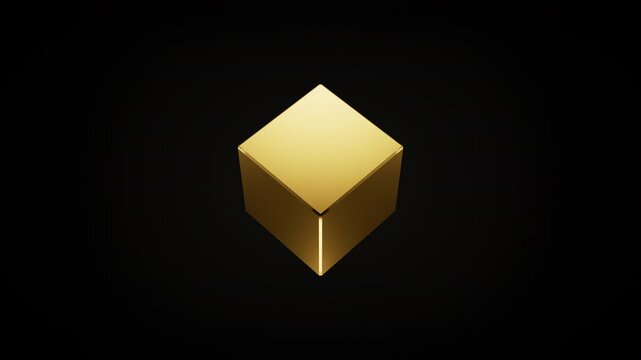 3D render of animated golden cube loop rotating. 4K abstract animation of transparent object