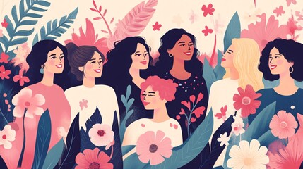 1. International women's day banner design. Elegant banner with a diverse group of women celebrating together, surrounded by floral decorations and a bold message honoring women's achievements.