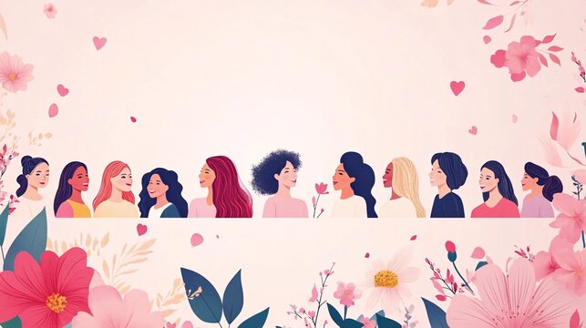 1. International women's day banner design. Elegant banner with a diverse group of women celebrating together, surrounded by floral decorations and a bold message honoring women's achievements.
