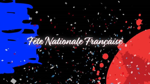 Animation of fete nationale francaise text with french flag and confetti on black background