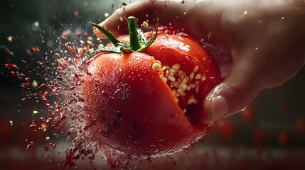 Hand Smashing a Tomato: A hand smashing a ripe tomato, with juice and seeds splattering out.
