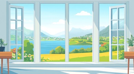 Naklejka premium 7. Views from cozy homes. Look out from open windows set. Beautiful nature and city landscapes, sea beach, countryside, field, mountain outside, windowsills, tables inside. Flat vector illustrations.