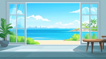 Fototapeta premium 10. Views from cozy homes. Look out from open windows set. Beautiful nature and city landscapes, sea beach, countryside, field, mountain outside, windowsills, tables inside. Flat vector