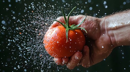 Hand Smashing a Tomato: A hand smashing a ripe tomato, with juice and seeds splattering out.
